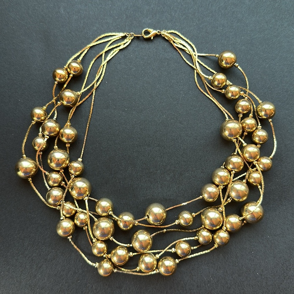 Elegant Gold Ball Beaded 5 Strand Statement Necklace 16.5”